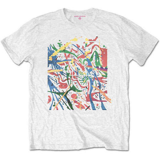 White t-shirt with colorful, abstract Pollock-style print design.