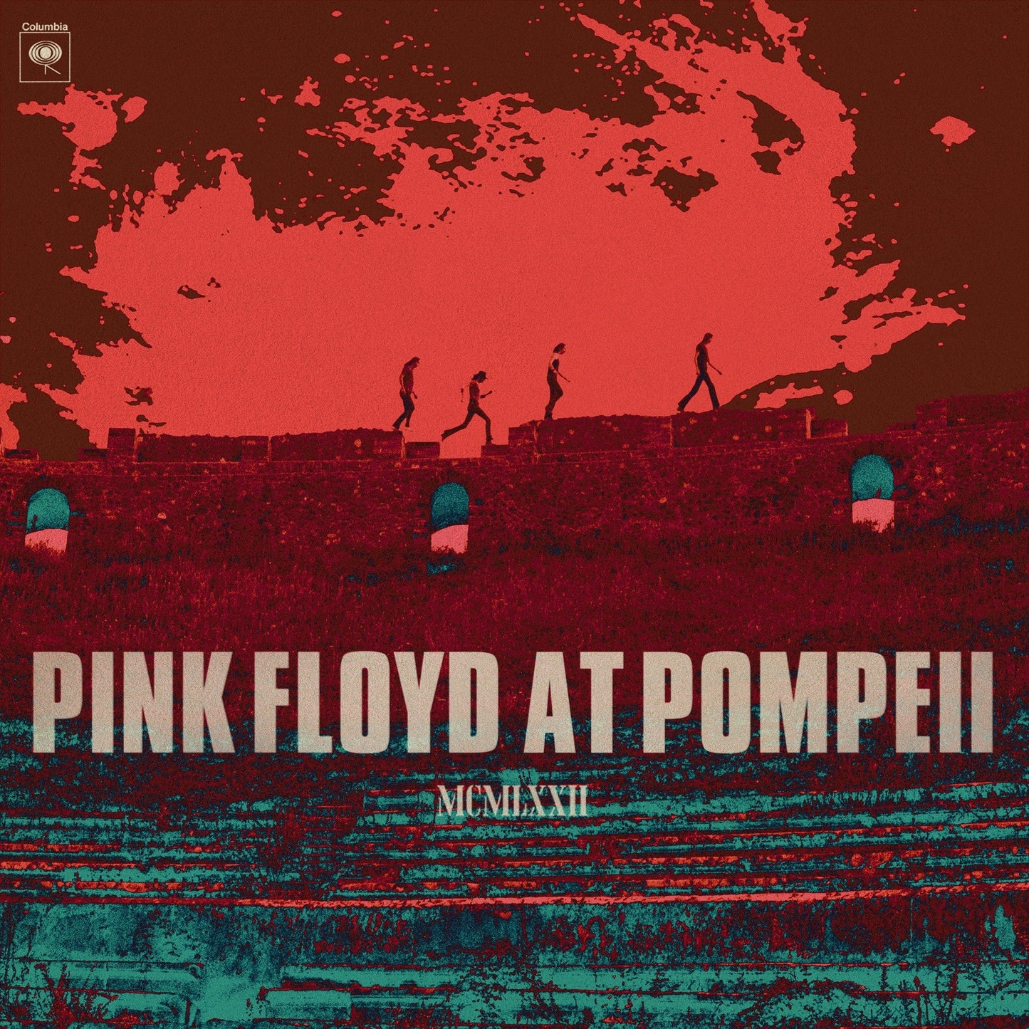 Pink Floyd’s “Pompeii” vinyl cover: red sky, figures on ancient ruins.