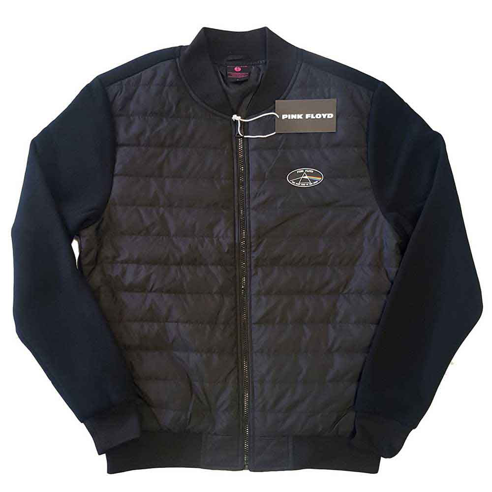 Man wearing a black quilted jacket with dark sleeves.