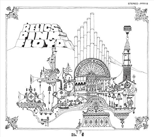 "Black and white illustration of Pink Floyd's 'Relics' album cover featuring fantastical machinery and structures."