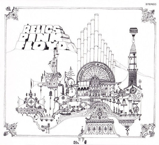 Black and white album cover for Pink Floyd’s “Relics” featuring a detailed, surreal landscape.
