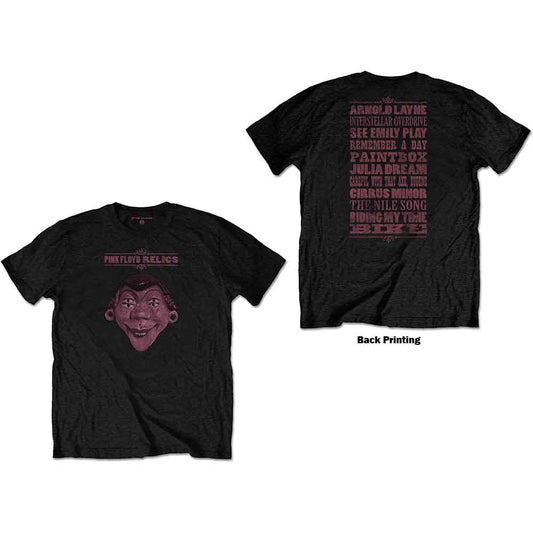 A man wearing a black Pink Floyd Relics t-shirt with a surreal face graphic.