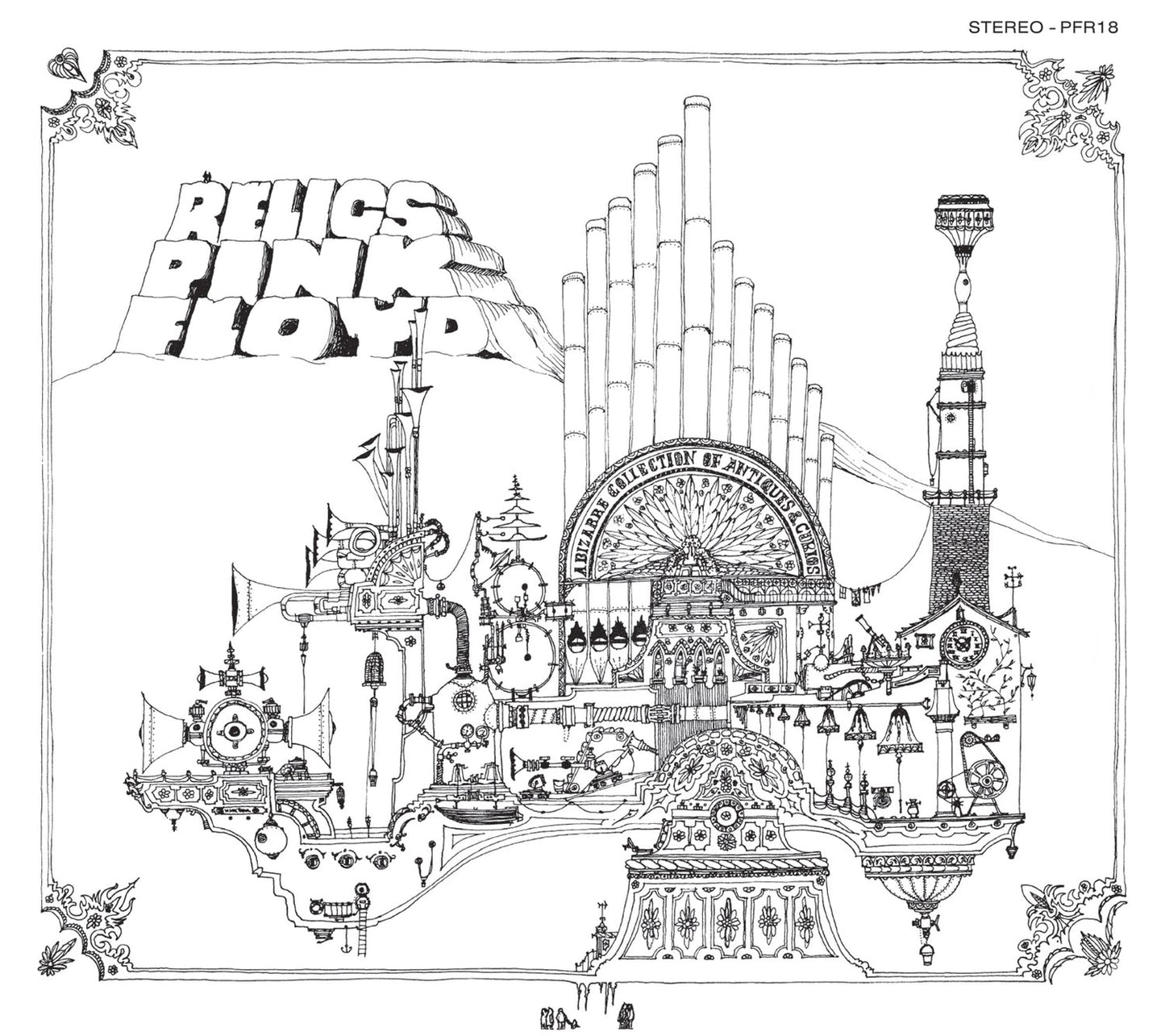 "Black and white illustration of Pink Floyd's 'Relics' album cover featuring fantastical architectural elements."
