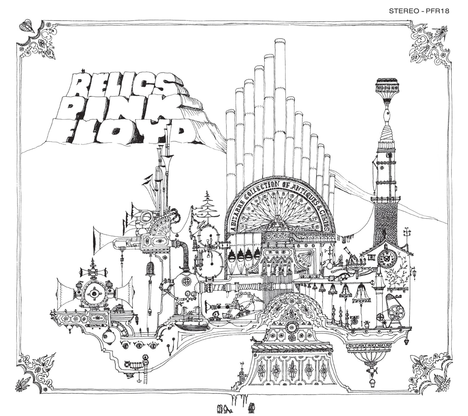 "Black and white illustration of Pink Floyd's 'Relics' album cover featuring fantastical architectural elements."
