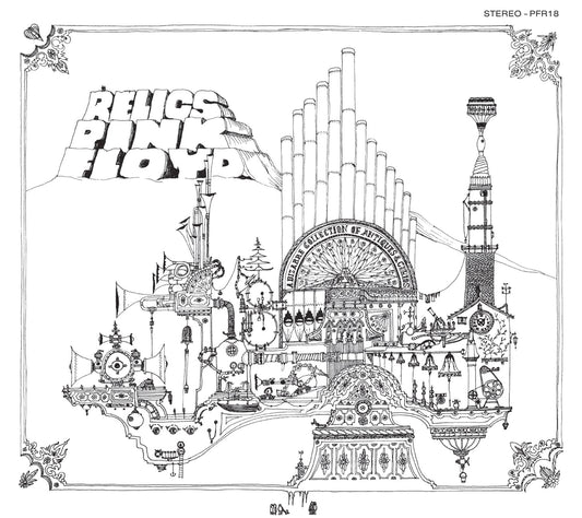 "Black and white illustration of Pink Floyd's 'Relics' album cover featuring fantastical architectural elements."