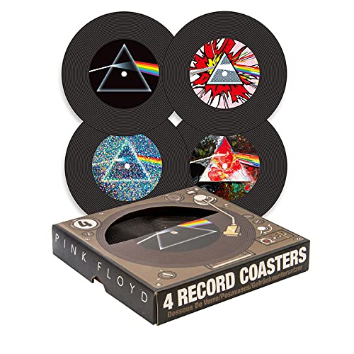 Four round Pink Floyd coasters depicting album art, with a record player box.