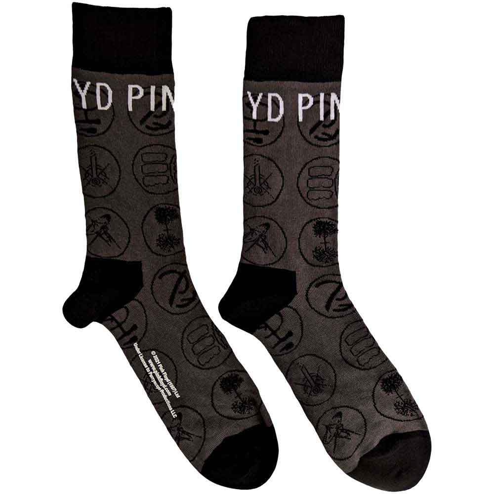 Charcoal grey sock with Pink Floyd album art designs.