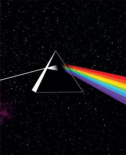 AC prism refracting a white light beam into a rainbow against a starry spaceC background.