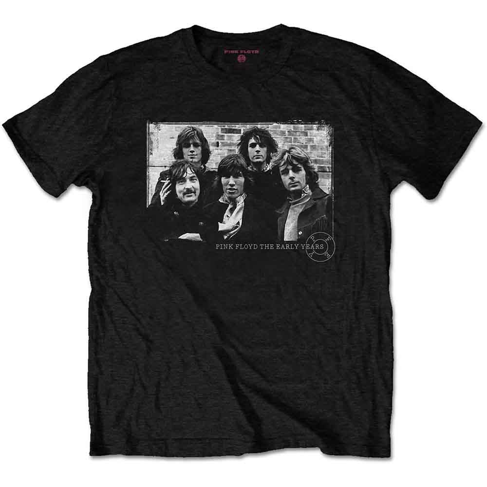 Black t-shirt with a vintage photo of the early Pink Floyd band.