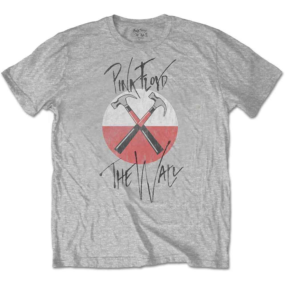 Grey t-shirt with Pink Floyd's "The Wall" logo of crossed hammers.