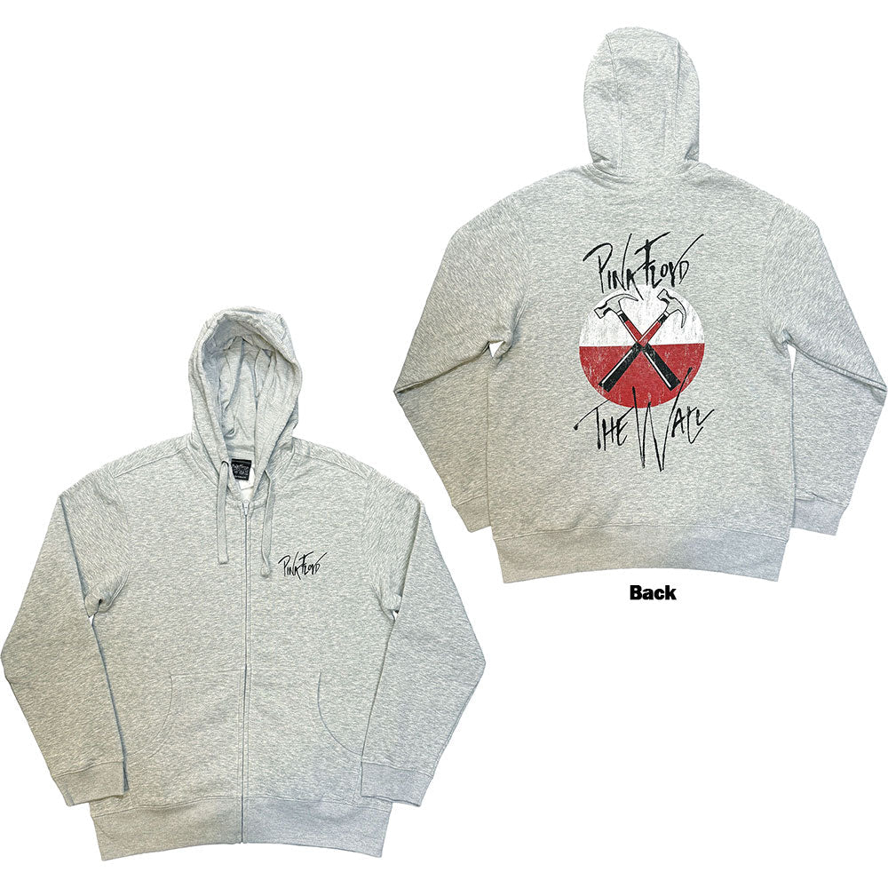 Grey zip-up hoodie with faded Pink Floyd "The Wall" logo.