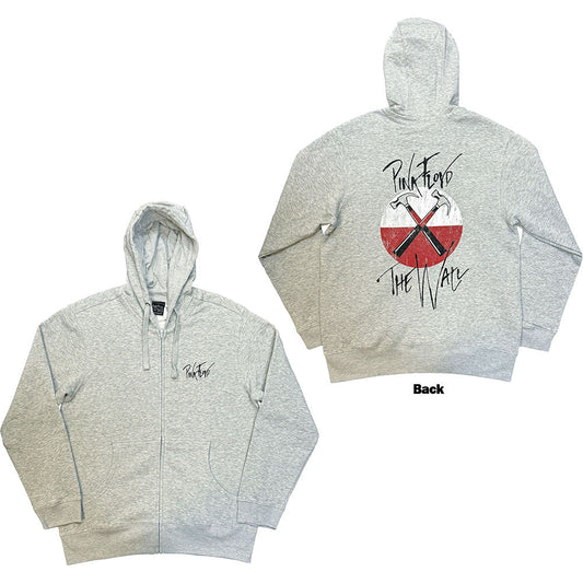 Grey zip-up hoodie with faded Pink Floyd "The Wall" logo.