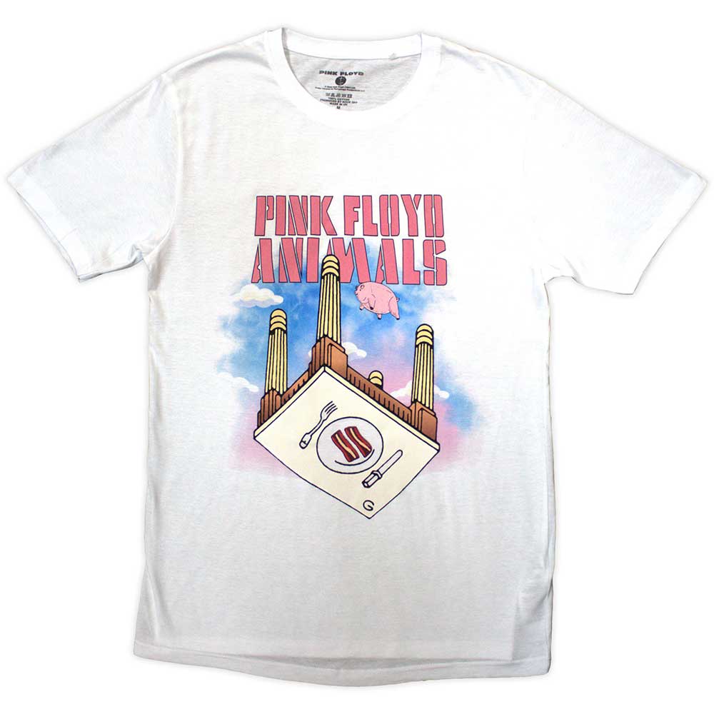 Pink Floyd Animals album cover graphic on a medium-sized, pink unisex t-shirt.