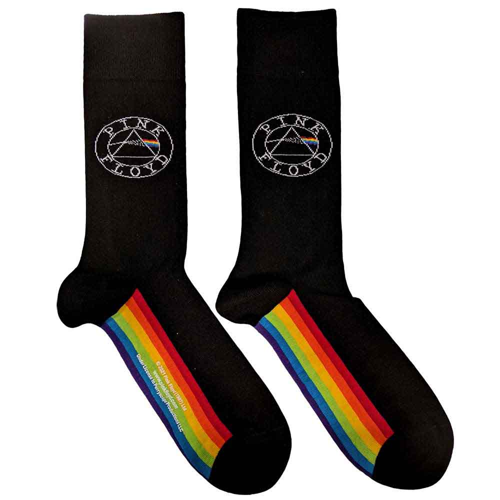 Black sock with Pink Floyd prism logo and rainbow stripe detail on the foot.