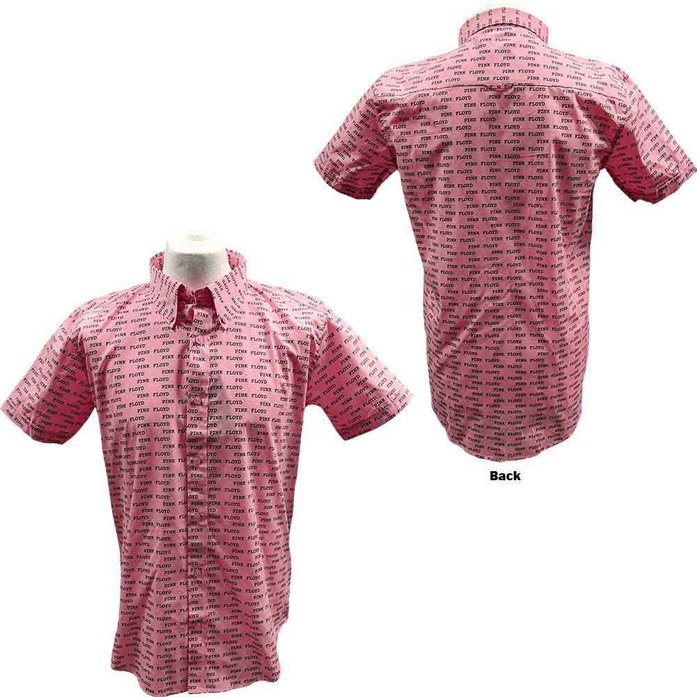 Black short-sleeved button-down shirt with an all-over pink Pink Floyd text pattern.