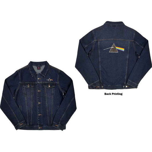 Dark wash denim jacket with Pink Floyd's "Dark Side of the Moon" prism logo.
