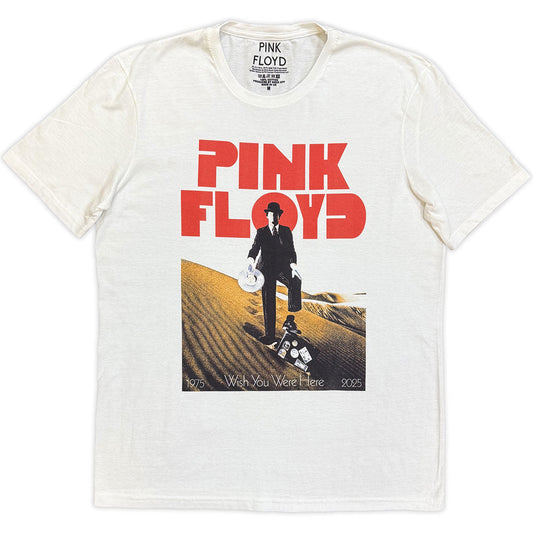 White Pink Floyd t-shirt featuring a man in a suit standing on sand dunes.