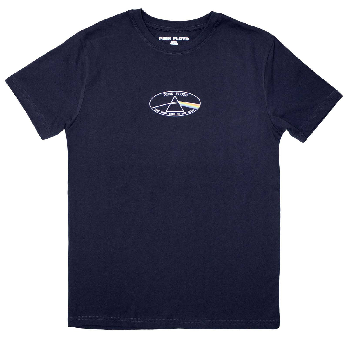 Black unisex t-shirt featuring a small oval Pink Floyd Dark Side of the Moon graphic.