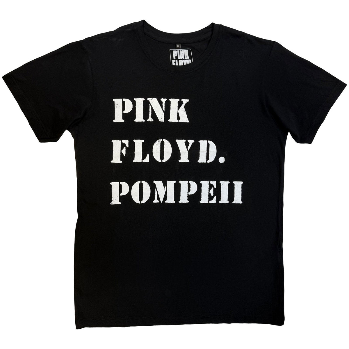 Black t-shirt with white "Pink Floyd. Pompeii" stencil graphic.