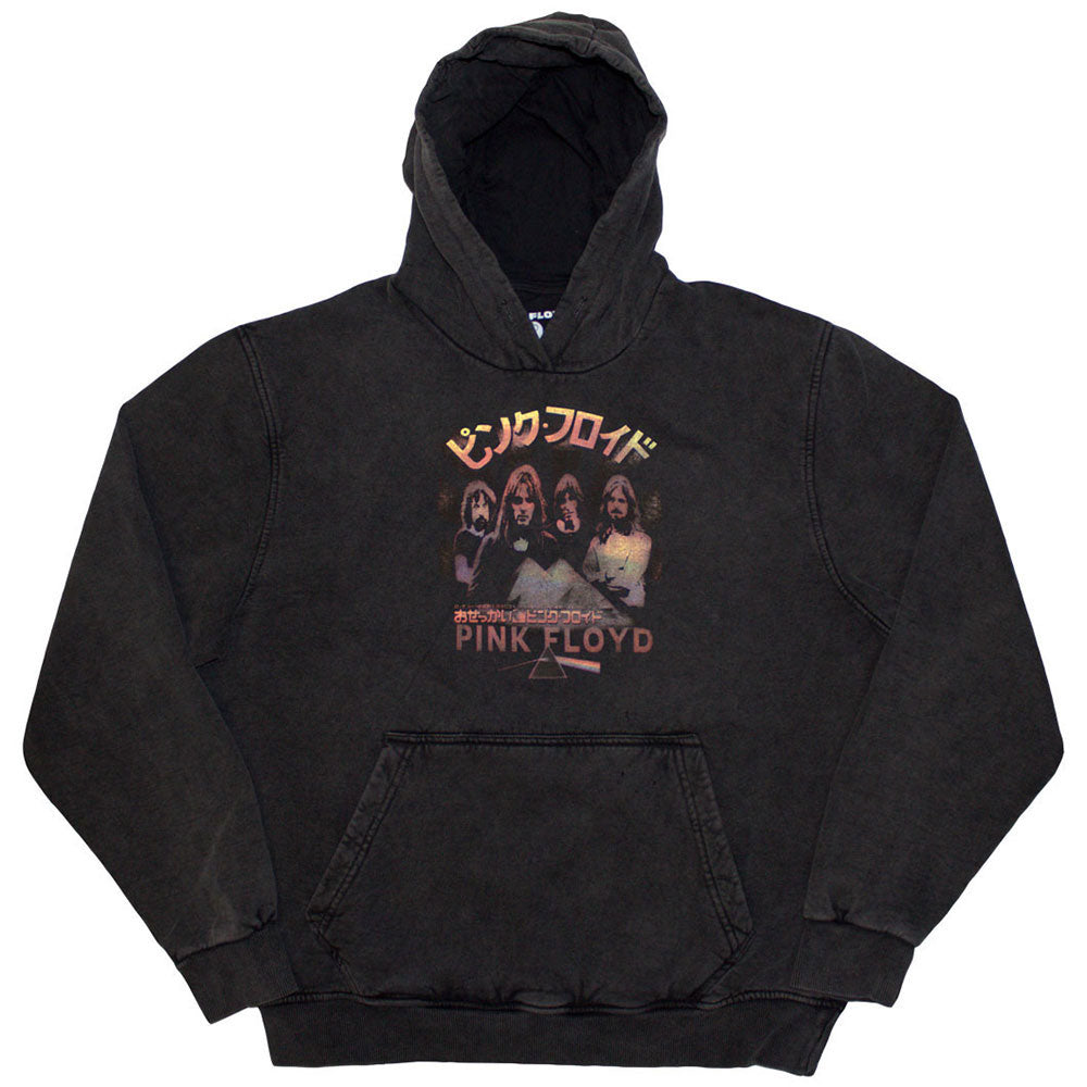 Pink pullover hoodie featuring a vintage Pink Floyd Japan tour poster graphic on front.