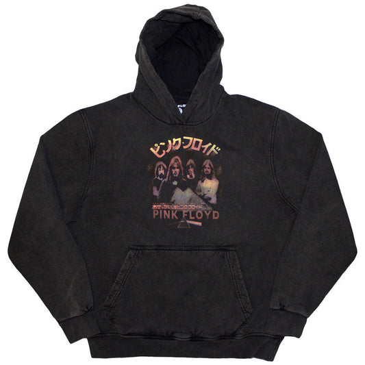 Pink pullover hoodie featuring a vintage Pink Floyd Japan tour poster graphic on front.