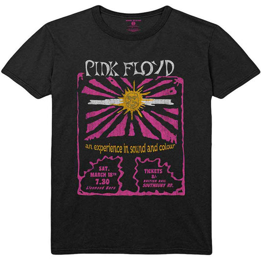 Black t-shirt with a pink and yellow sunburst Pink Floyd graphic.
