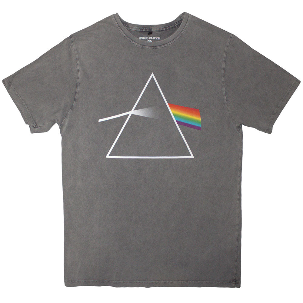 Grey, stone-wash t-shirt featuring Pink Floyd’s Dark Side of the Moon album art.