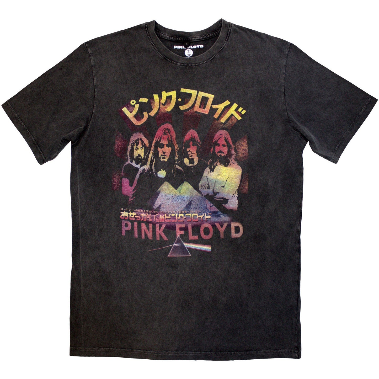 Black stone wash t-shirt with a faded Pink Floyd Japan poster print.