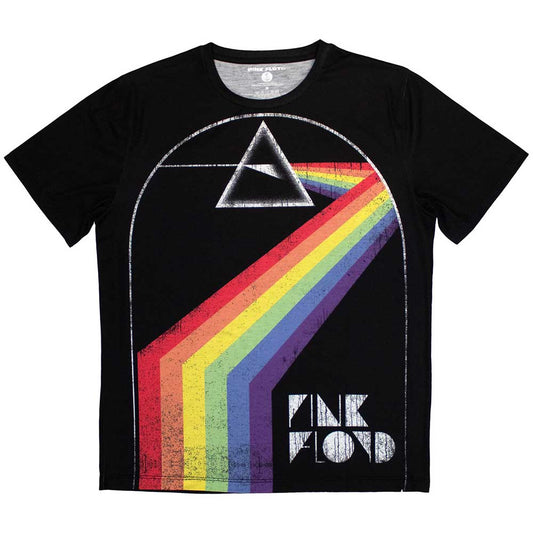 Pink Floyd t-shirt, large prism arch design, pink and blue gradient, unisex fit.