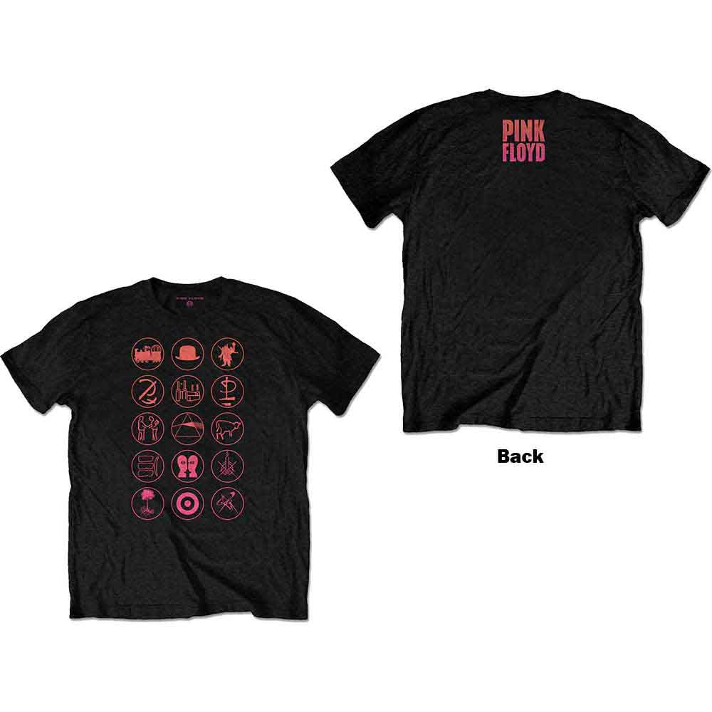 Black unisex Pink Floyd t-shirt featuring band symbols printed on the back.