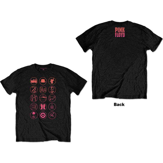 Black unisex Pink Floyd t-shirt featuring band symbols printed on the back.