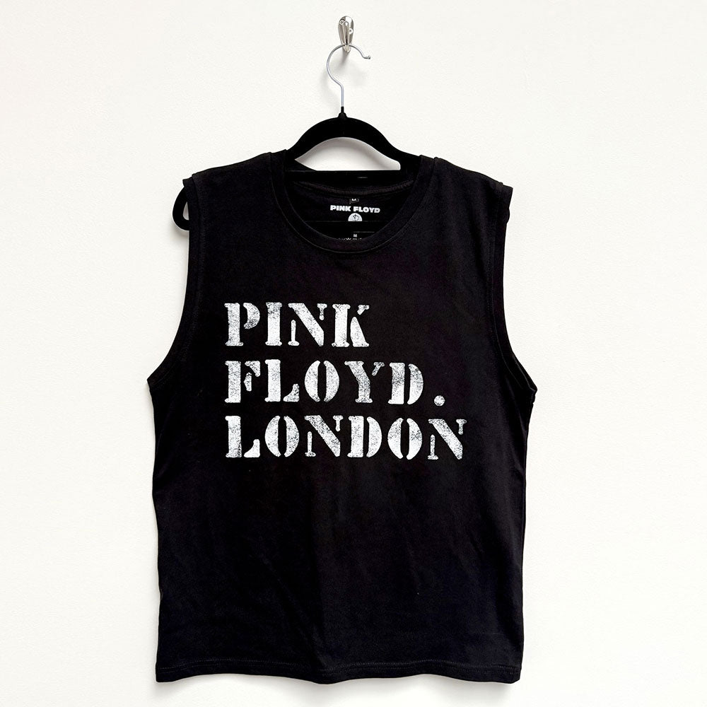 Black tank top with a white stencil-style Pink Floyd logo, size X-Large.