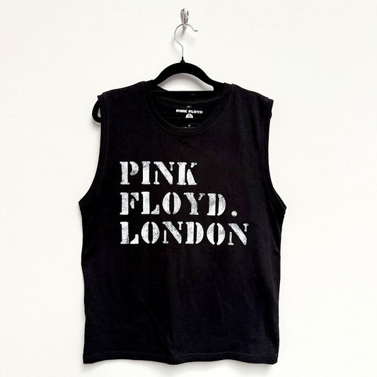 Black tank top with a white stencil-style Pink Floyd logo, size X-Large.