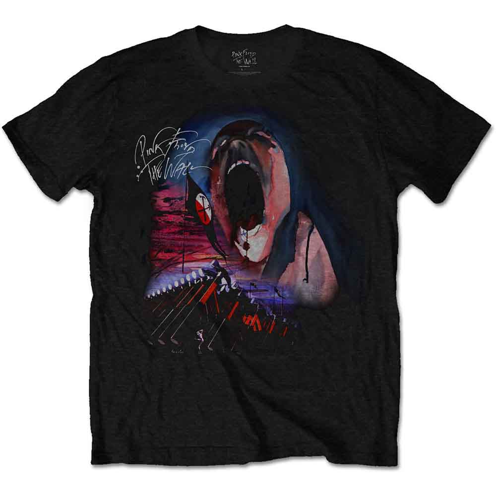 Black t-shirt with a colorful, screaming face graphic print.