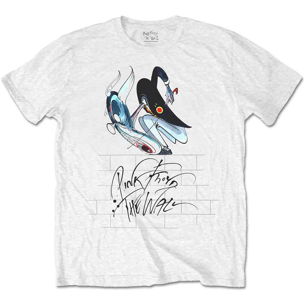 White t-shirt with colorful bird and brick wall graphic, worn by a man.