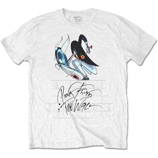 White t-shirt with colorful bird and brick wall graphic, worn by a man.