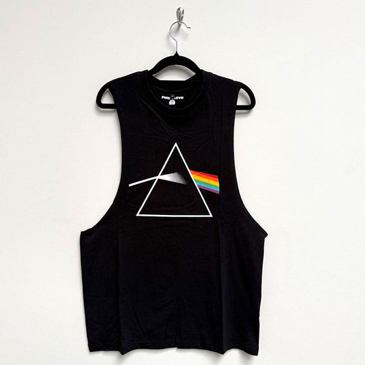 Black sleeveless t-shirt featuring the iconic Pink Floyd Dark Side of the Moon prism.