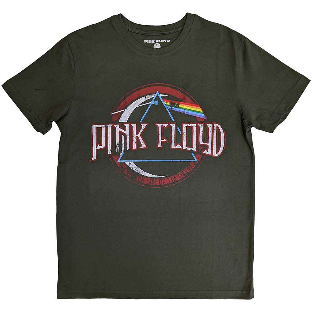 Black short-sleeve t-shirt featuring Pink Floyd’s Dark Side of the Moon prism design.