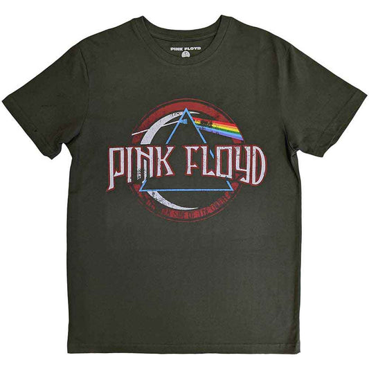 Black short-sleeve t-shirt featuring Pink Floyd’s Dark Side of the Moon prism design.