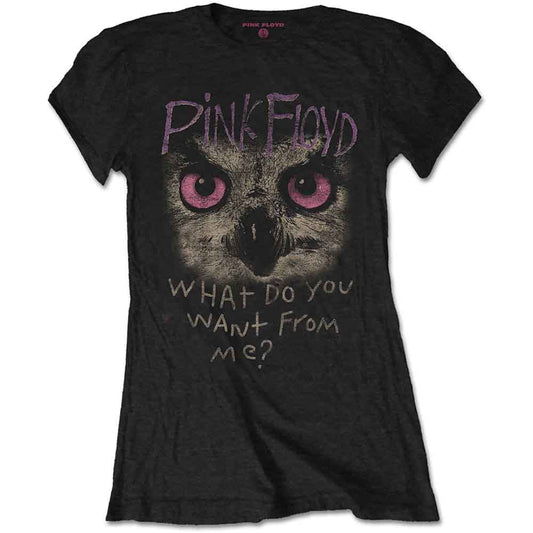 Black t-shirt with Pink Floyd owl graphic and text “WDYWFM?”.