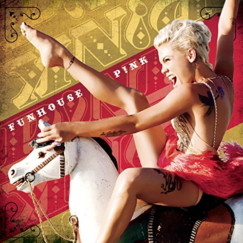 Pink album cover, "Funhouse", featuring the artist on a carousel horse.