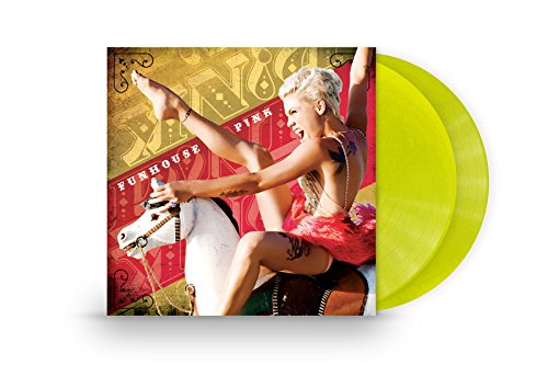 Pink's "Funhouse" vinyl record with album cover and two yellow discs.