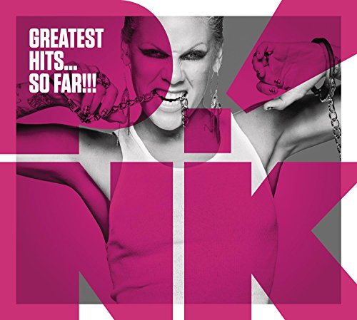 Pink biting a chain with large pink letters spelling P!NK over her image.