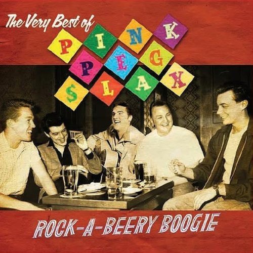 "CD cover with men at a table, 'Pink Plaid' in colorful letter tiles."
