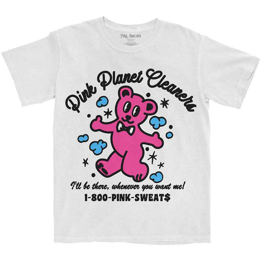 White t-shirt with pink cartoon bear and "Pink Planet Cleaners" logo.