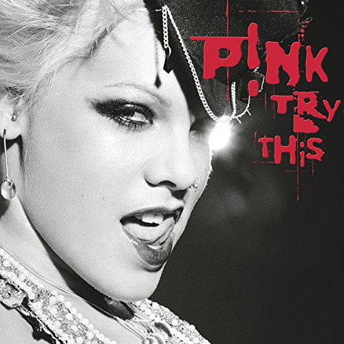 Black and white album cover featuring Pink with bold red text.