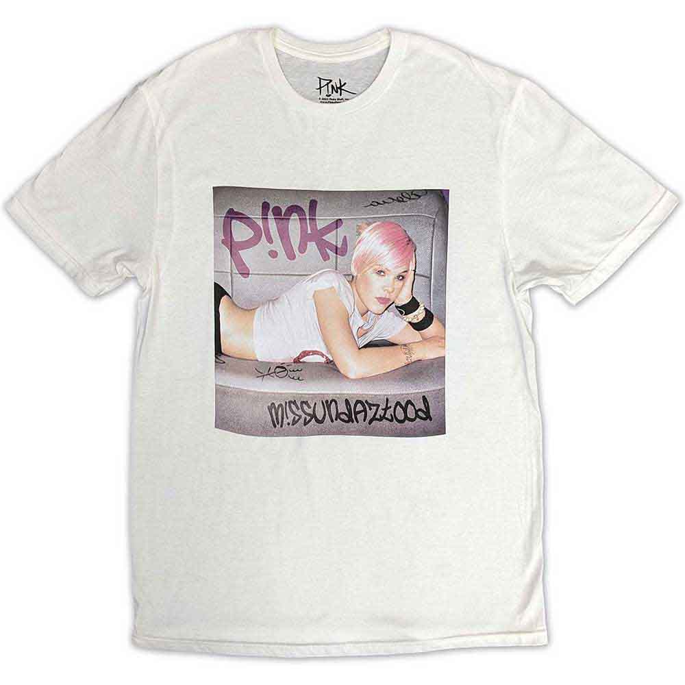 Pink unisex t-shirt with "Missundaztood" text, size small.