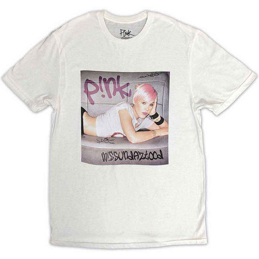 Pink unisex t-shirt with "Missundaztood" text, size small.