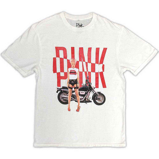 A pink unisex t-shirt featuring a graphic print of a motorbike on the front.