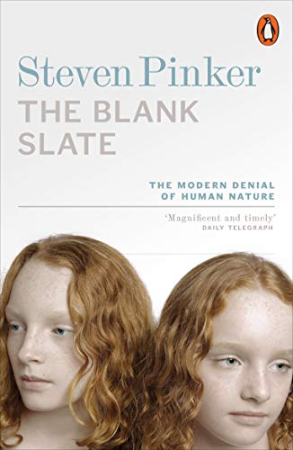 Book cover of "The Blank Slate" by Steven Pinker, featuring two red-haired young girls.